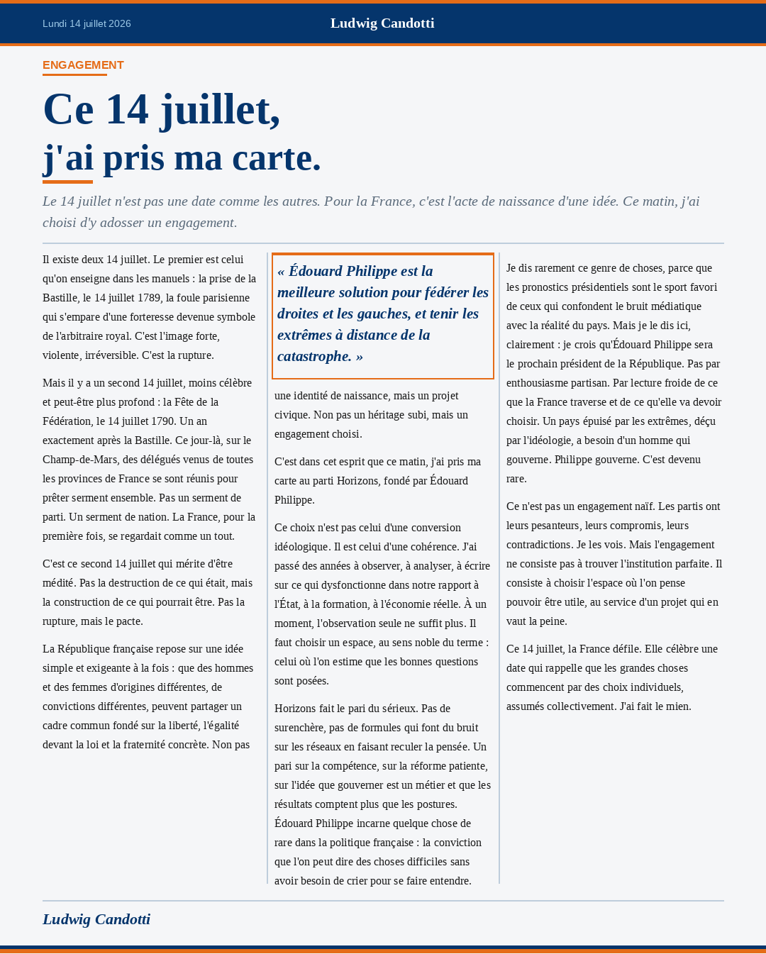 Visuel de la tribune : Ce 14 juillet, j'ai pris ma carte.