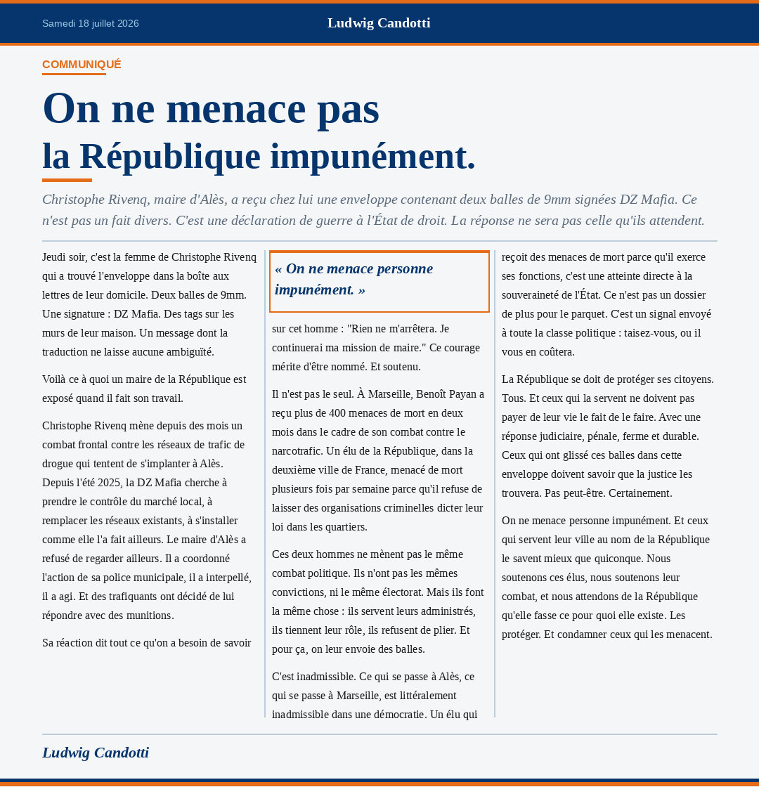 Visuel de la tribune : On ne menace pas la République impunément.