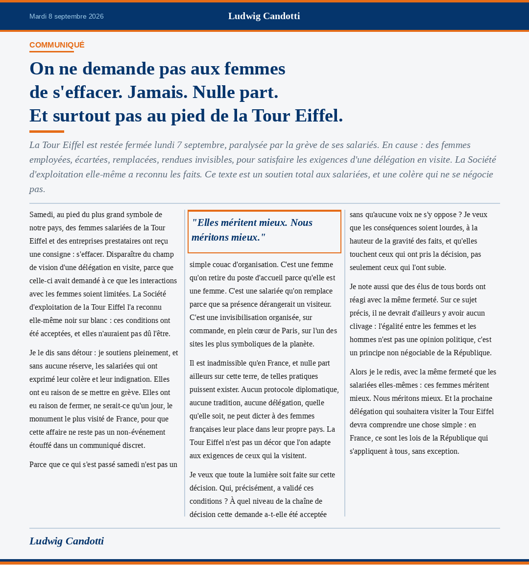 Tribune sur les femmes à la Tour Eiffel