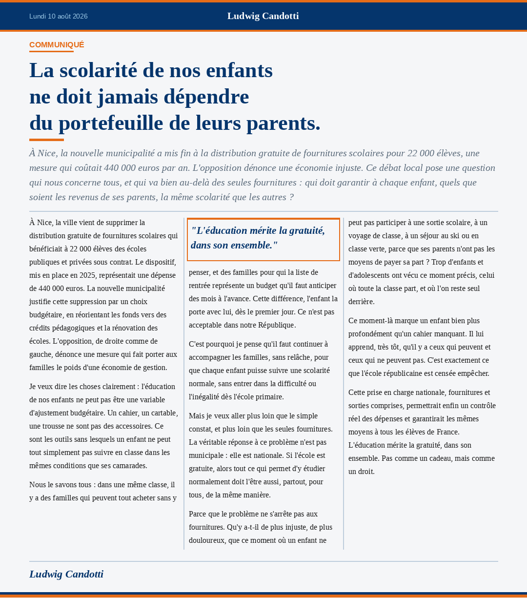 Visuel de la tribune : La scolarité de nos enfants ne doit jamais dépendre du portefeuille de leurs parents.