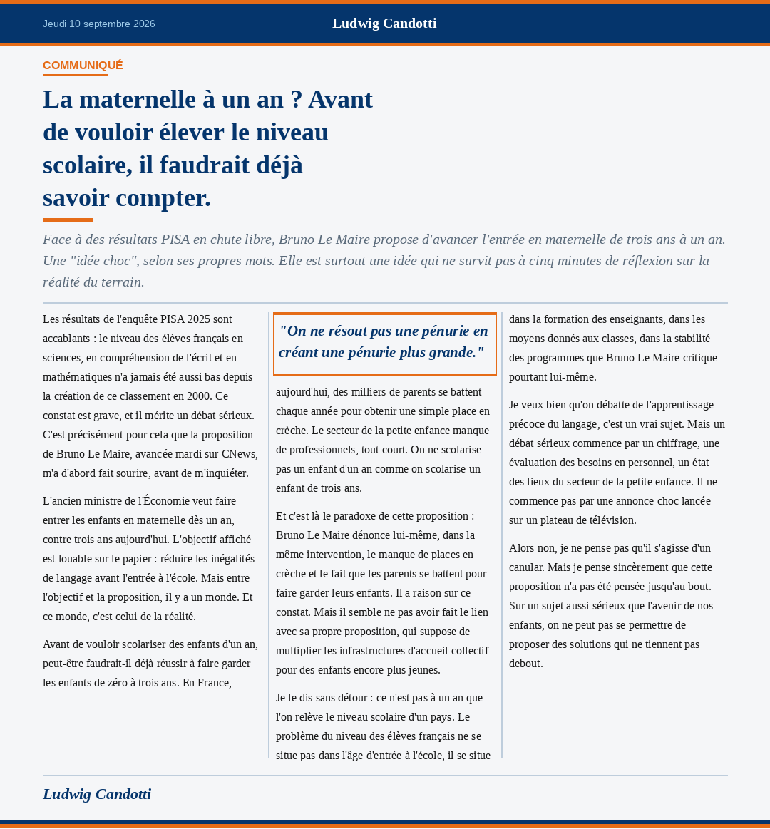 Tribune sur la maternelle à un an