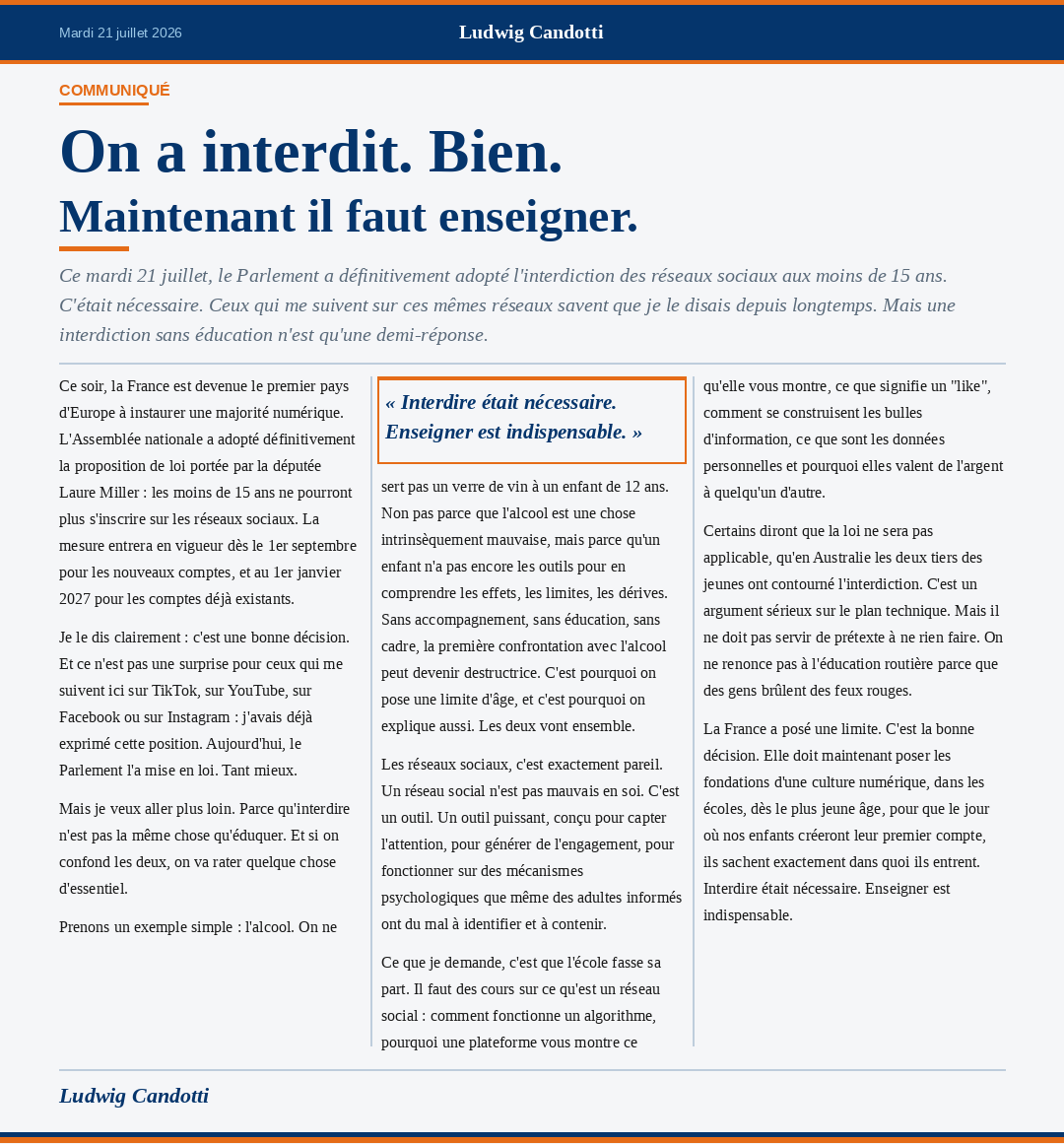 Visuel de la tribune : On a interdit. Bien. Maintenant il faut enseigner.